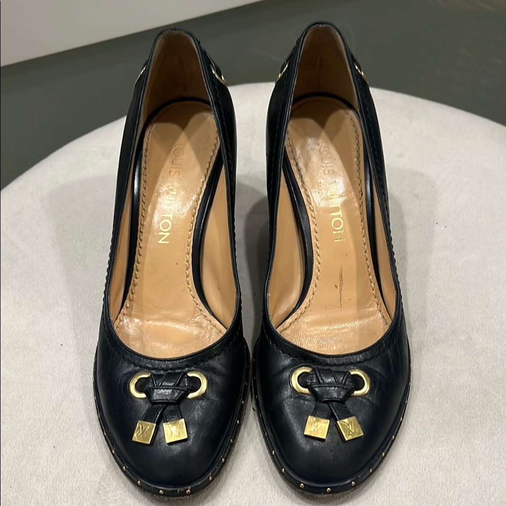 Louis Vuitton Black Leather Heels with Gold Accents